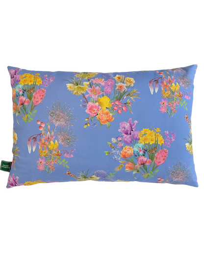 Bright blue hemp pillow for relaxing sustainable interior design inspiration with bold colourful floral patterns