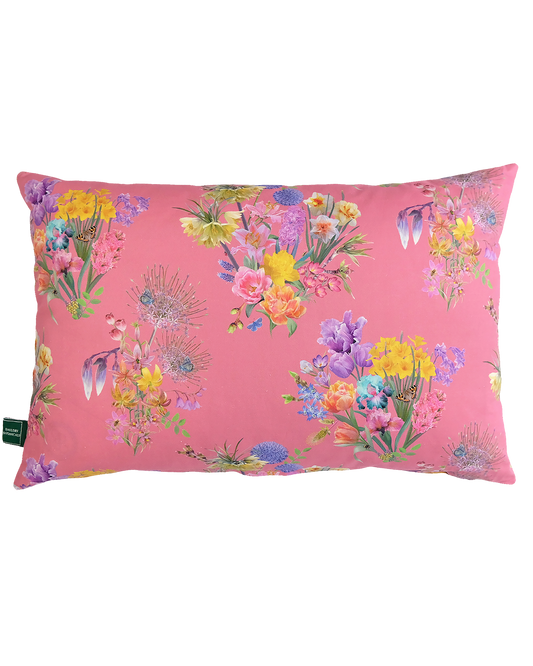 Bright pink hemp cushion for romantic sustainable interior inspo with bold colourful floral designs