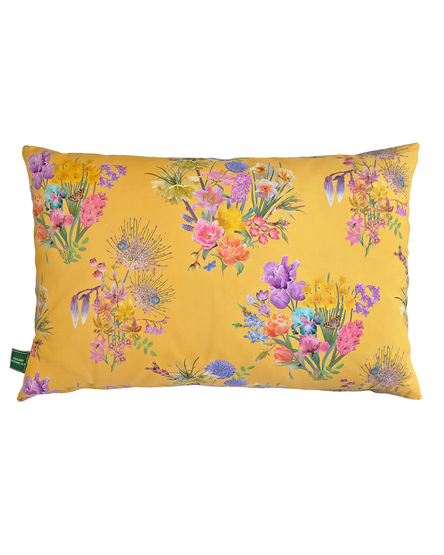 Bright yellow hemp cushion for earth friendly happy home decor ideas with a bold flowering pattern