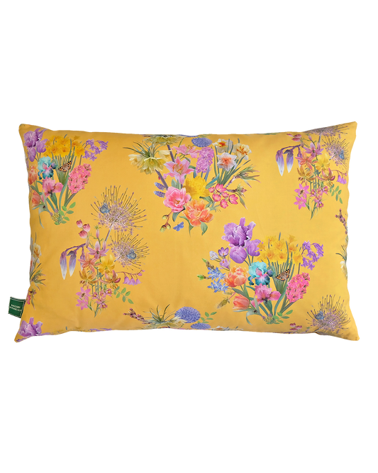 Bright yellow hemp cushion for earth friendly happy home decor ideas with a bold flowering pattern