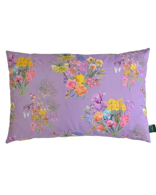Bright purple hemp pillow for creative vegan home decor inspiration with luxury floral printed designs